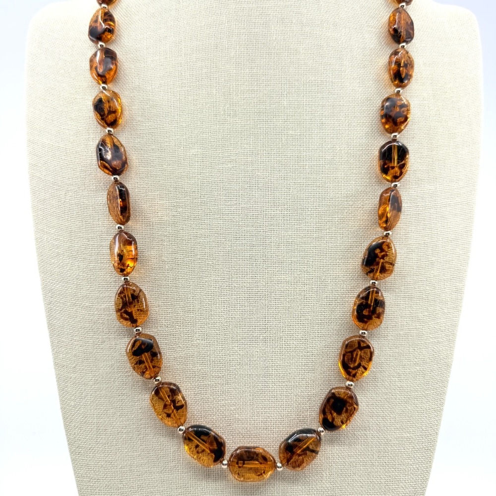 Vintage Amber Tone Tortoise Shell Pattern Bead Necklace Long Retro Minimalist
